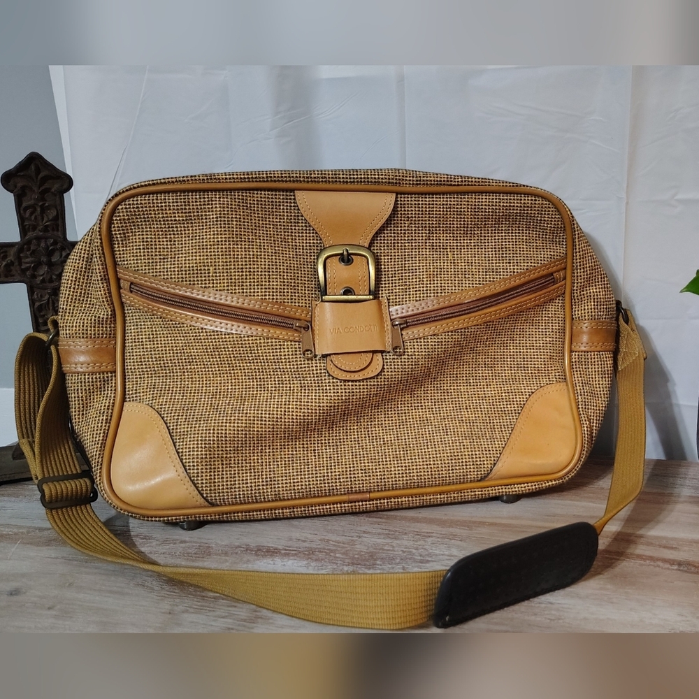 Vintage Via Condotti  Woven Carry-On Travel Bag Leather Trim Burlap